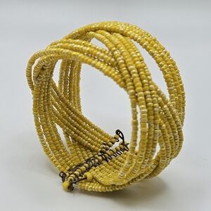 VINTAGE Woven Braided Yellow Glass Seed Bead Boho Memory Wire Cuff Bracelet